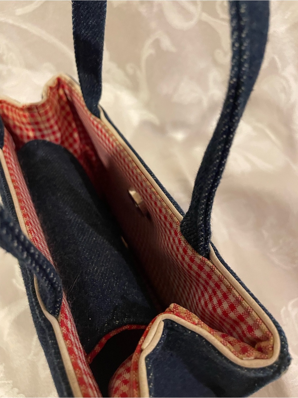 Vintage Y2K Kate Spade denim Blue Jean purse, red cottagecore gingham interior - Picture 7 of 16